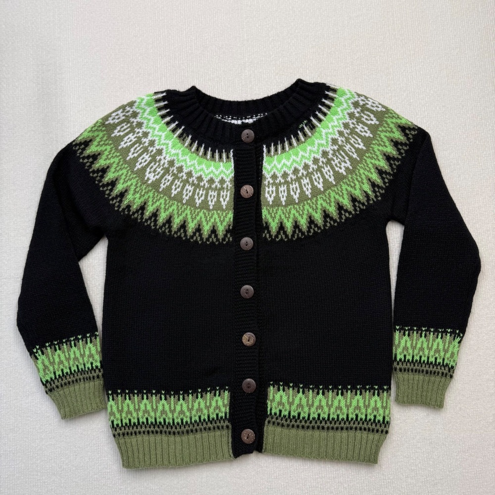 Fair Isle Nordic Cardigan Sweater Black Green Button Up Womens S Preppy Heritage